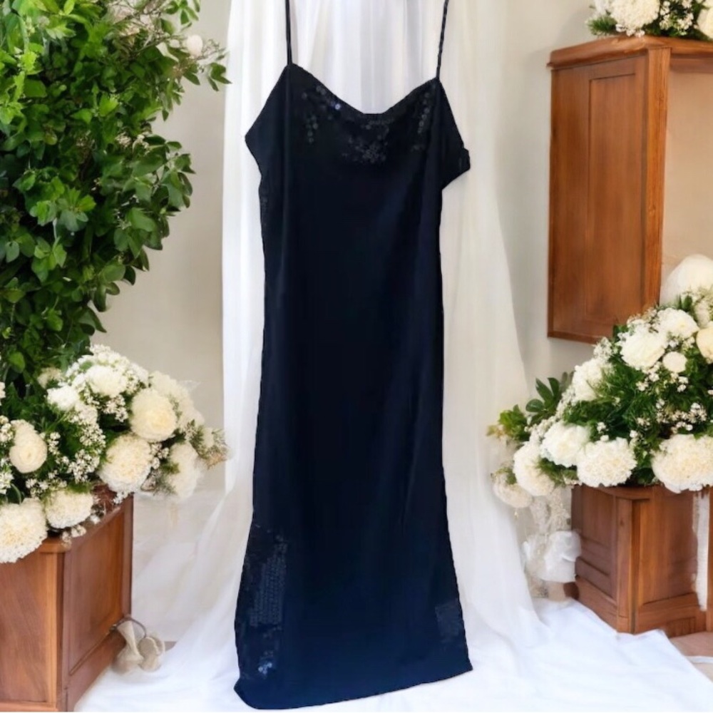 Vintage Future Ozbek Italy Black Sequin Spaghetti Strap Slip Dress Size 4 LBD